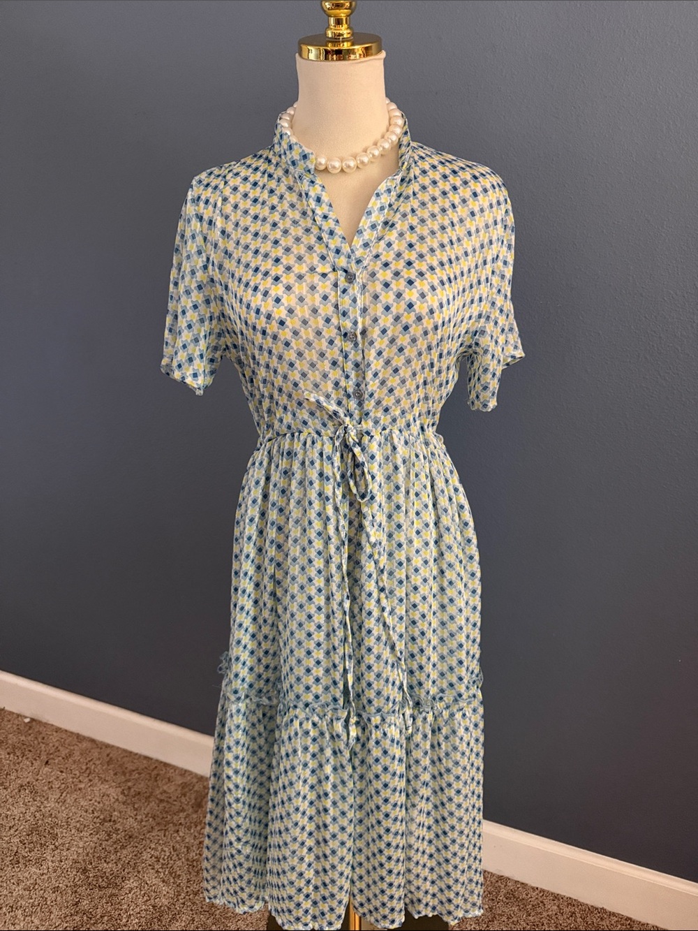 Blue and Yellow Floral Tie-Waist Midi Dress